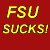 Pixelated text split across red and blue backgrounds with yellow-orange lettering, reading 'FSU SUCKS!' on left and 'Gators ROCK!' on right.