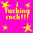 Yellow pixelated text 'i fucking rock!!!' on bright pink background with yellow stars, static image with no animation.