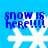 Blue background with four white snowflakes and blue text reading "snow is here!!!" in pixelated font.