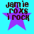 Four identical pixelated icons display 'jamie roxs i rock' text over a purple star on cyan background, with slight variations in text and star clarity across frames.