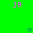 Green background with pink 'JB' text at top left and right, blue pixelated hearts below each text block.