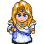 Pixel art character with long blonde hair, blue eyes, and a white robe with blue sash; three distinct facial expressions shown in sequence.