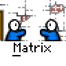 Animated contact sheet of 11 pixel art frames showing a blue cartoon character with white eyes performing various actions against gray background, each frame labeled "Matrix" below.