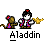 Pixel art contact sheet of seven Aladdin-themed animated buddy icons showing character and genie interactions with a monkey, lamp, and magic effects.