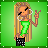 Pixel art contact sheet of an animated AIM buddy icon featuring a cartoon woman with long blonde hair, green top, and black shorts making peace signs against a green background with text changes across frames.