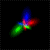 Six of a colorful, abstract, four-armed shape with shifting hues against a black background