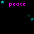 Black background with repeated pink 'peace' text and scattered cyan and dark blue stars.