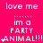 A bright pink background displays repeated text and symbols in white, with animated changes to asterisk placement around 'PARTY ANIMAL!!!' phrases.
