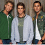 Animated sequence showing a group of young men in a vehicle, transitioning from full group to individual poses with blue star overlays and orange text on a blue background.