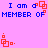 Pixelated text and red square symbols on pink background with blue text reading 'I am a MEMBER OF' repeated twice.