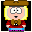 Pixelated character with blonde hair, brown hat, red shirt, blue pants, and purple shoes; two expressions shown side-by-side.