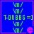 Blue background with green text and pink border; four identical show 'T-0UBBS =]' with repeated 'Vm/' symbols and a pink 'e' icon