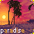 Pixelated sunset scene with palm trees, ocean, and 'paradise' text in orange and white.