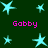 Dark green background with cyan star shapes and pink 'Gabby' text in four positions, static display of repeated elements.