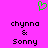 A static image with a bright pink background featuring a green pixelated heart symbol above two identical text blocks reading 'chynna & Sonny' in black pixelated font.