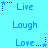 text-based icons on a light blue background, with animated star and dot patterns changing position near the words Live, Laugh, Love