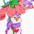 A pixelated animated icon featuring a snowman character with pink strawberry-shaped ears and green leaves, wearing a purple scarf, holding a red heart, next to a dark green background with bright green text reading "Original Icons .com".