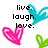 Pixelated icon with black text 'live. laugh. love.' and three colored symbols: a pink heart, a blue bird, and a green leaf on white background.