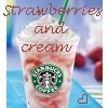 A Starbucks drink with whipped cream and a green straw, overlaid with 'strawberries and cream' text, and a small blue heart icon.