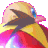 Pixelated close-up of a cartoon character's face with yellow hair, blue eye, dark mouth, and pink accents on the head against gray background.