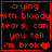 Red pixelated text on black background reads 'crying with bloody tears, can you tell i'm broke' with a red heart symbol.