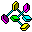 Pixelated icon with cyan stems and colored shapes in purple, green, yellow, and teal, arranged in a branching pattern against a gray background.