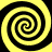 Four black and yellow spiral patterns arranged in a on a solid background, each with distinct rotational direction