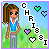 Pixel art animation of a girl with brown braided hair in blue top and gray pants, standing on grassy field with heart symbols and name "CHRISI" text.