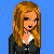 Pixel art of a woman with long blonde hair in multiple poses against blue background, including full-body and cropped views.