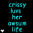 Cyan text on black background reads 'crissy luvs her awsom life' with white star icons varying in quantity across three