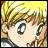 Pixelated anime-style character with blonde hair and large blue eyes, next to stylized text on a black background.