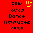 Red background with black text reading 'Allie loves Dance Attitudes <333' and a yellow pixelated heart symbol above the right side of the text.