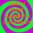 A static digital image with a green and purple spiral background and orange text listing names and a smiley face.