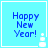 Four identical light blue square display 'Happy New Year!' text with a white snowman icon, each bordered by thin white lines