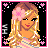 Animated pixel art contact sheet showing a cartoon girl character and text sequence forming "when i look at you my heart skips a beat" with pink star borders on black backgrounds.