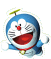 Two pixelated Doraemon icons with blue bodies, red noses, white faces, and green antennae; one shows closed eyes while the other has open eyes.