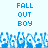 Blue pixelated text "FALL OUT BOY" appears twice above a of blue and white pixelated figures with raised hands on light background