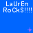 Blue background with repeated white text "LaUrEn RoCkS!!!!!" and scattered pink star-like shapes.