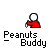 Pixelated cartoon figures in red and blue interact with white balls, one figure holding a brown object while text reads "Peanuts Buddy" below each frame.