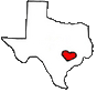White outline of Texas state shape with a red heart symbol on the lower right, set against solid gray background.