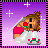 Pixel art contact sheet showing two frames of an animated icon featuring a winged doll character with brown hair, red top, and white skirt against a purple starry background.