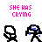 Pixel art animation of two stick figures in a relationship narrative with text overlays, showing emotional exchanges and physical interactions.