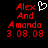 Red pixelated text on black background reads 'Alex And Amondo 3.08.08' with a white heart symbol next to 'Alex', and the same text appears without the heart in adjacent view.