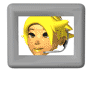 Pixelated yellow-haired character with headset in gray frame, showing sequential facial expression changes from neutral to smiling and back.