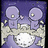 Pixelated purple creature with large eyes and white accents holds a glowing orb against dark background, surrounded by pink text.