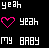 Pixel art icon with text and symbols: 'yeah' top-left, pink heart next to 'yeah', 'pretty' top-right in blue-orange gradient, cyan heart center-right, 'my BABY' bottom-left, pink ambulance with black cross bottom-right.