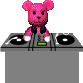 Pixelated pink bear-like character with large ears and white paws stands behind gray DJ turntable setup, performing actions
