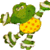 Pixelated green and yellow cartoon character with multiple limbs, orange spots on torso, and a dynamic pose against white background.