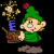 Pixelated character with green hat and tunic, holding a brown object against black background.