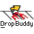 Static pixel art icon of a stick figure with yellow head and red limbs hanging from a horizontal bar, below which is bold text reading "DropBuddy" on gray background.